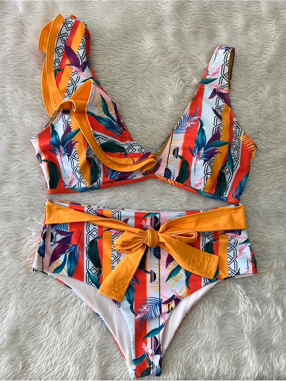 Women’s Tropical Striped Two-Piece Bikini with Yellow Waist Tie NWT XL